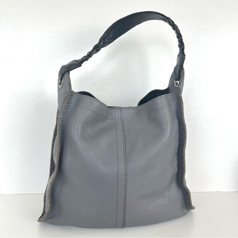 LUCKY BRAND Gray Pebbled Leather Black Braided Handles Stitching Shoulder Tote - Picture 12 of 12